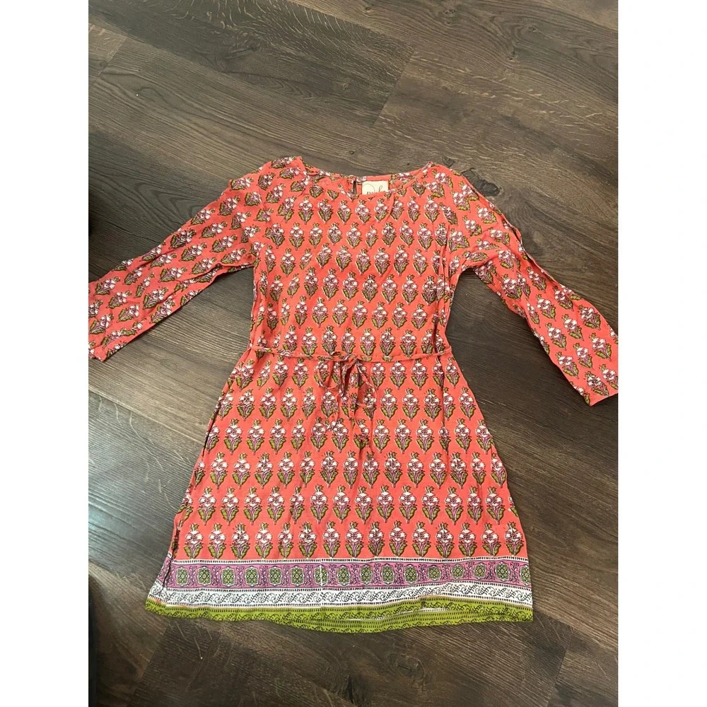 Peek Kids Girls Coral Floral Cotton Block Print Dress Long Sleeve Size M 6-7